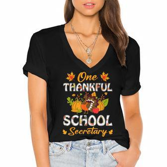 One Thankful School Secretary Fall Autumn Thanksgiving V2 Women's Jersey Short Sleeve Deep V-Neck Tshirt - Thegiftio UK