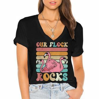 Our Flock Rocks Flamingo Matching Family Vacation V2 Women's Jersey Short Sleeve Deep V-Neck Tshirt - Thegiftio UK