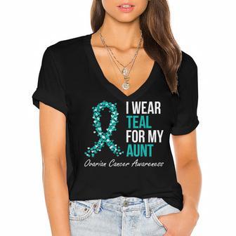Ovarian Cancer Ribbon I Wear Teal For My Aunt Support Squad Women's Jersey Short Sleeve Deep V-Neck Tshirt - Thegiftio