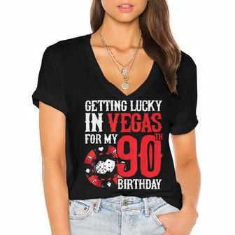 Party In Vegas - Getting Lucky In Las Vegas - 90Th Birthday Women's Jersey Short Sleeve Deep V-Neck Tshirt - Seseable