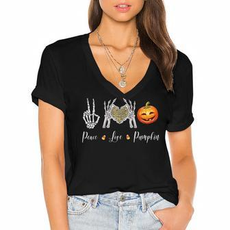 Peace Love Pumpkin Halloween Skeleton Hand Leopard Heart Women's Jersey Short Sleeve Deep V-Neck Tshirt - Seseable