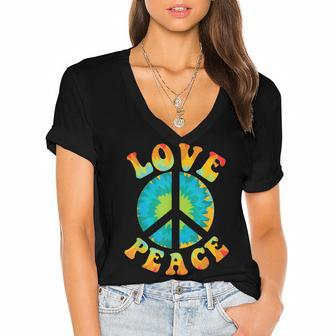 Peace Sign Love 60S 70S Tie Dye Hippie Halloween Costume V9 Women's Jersey Short Sleeve Deep V-Neck Tshirt - Seseable