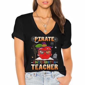 Pirate Kindergarten Teacher For Halloween Funny Pirate Day Women's Jersey Short Sleeve Deep V-Neck Tshirt - Thegiftio UK