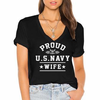 Proud Navy Wife - Wife Of A Navy Veteran Women's Jersey Short Sleeve Deep V-Neck Tshirt - Monsterry DE