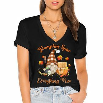 Pumpkin Fall Coffee Fall Gnome With Witch Broom Halloween Women's Jersey Short Sleeve Deep V-Neck Tshirt - Thegiftio UK