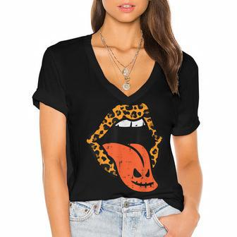 Pumpkin Leopard Lips Adult Halloween Costume For Women Women's Jersey Short Sleeve Deep V-Neck Tshirt - Thegiftio UK