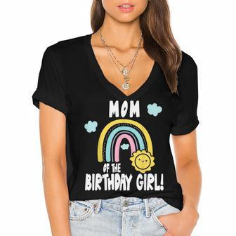 Rainbows & Sunshine Party Mom Of The Birthday Girl Women's Jersey Short Sleeve Deep V-Neck Tshirt - Seseable