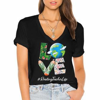Reading Teacher Love World Earth Day Save The Planet Women's Jersey Short Sleeve Deep V-Neck Tshirt - Thegiftio UK