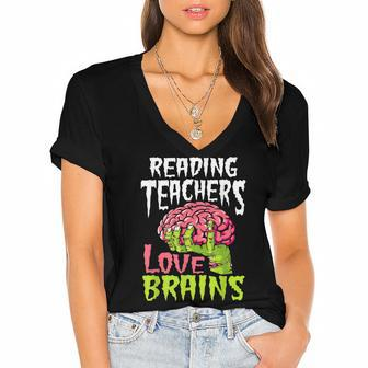 Reading Teachers Love Brains Zombie Teacher School Halloween Women's Jersey Short Sleeve Deep V-Neck Tshirt - Thegiftio UK
