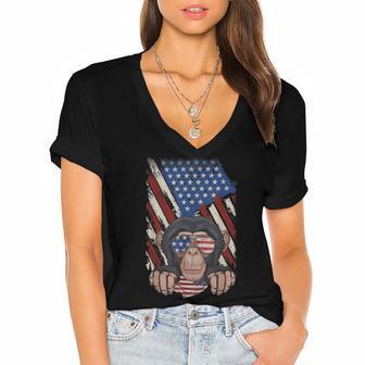 Retro American Flag Monkey Dad Mom Monkey Lover 4Th Of July Women's Jersey Short Sleeve Deep V-Neck Tshirt - Thegiftio