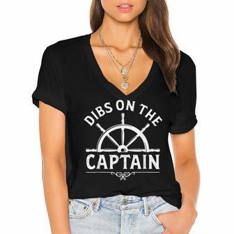 Retro Captain Wife Dibs On The Captain Fishing Quote Women's Jersey Short Sleeve Deep V-Neck Tshirt - Thegiftio UK