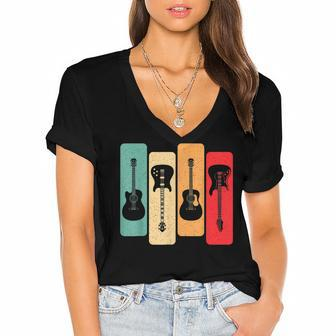 Retro Guitars Guitarist Acoustic Electric Guitar Rock Music V2 Women's Jersey Short Sleeve Deep V-Neck Tshirt - Seseable