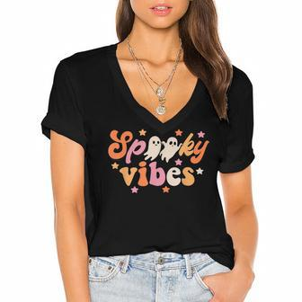 Retro Spooky Vibes Ghost Boo Spooky Season Funny Halloween Women's Jersey Short Sleeve Deep V-Neck Tshirt - Seseable