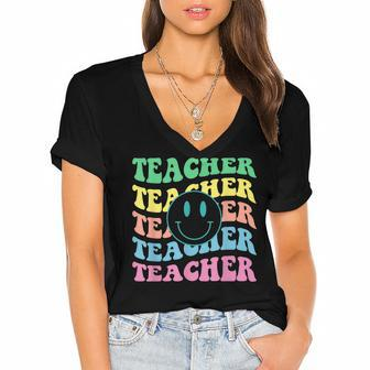 Retro Teacher Inspirational Colorful Elementary School V3 Women's Jersey Short Sleeve Deep V-Neck Tshirt - Thegiftio UK