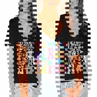 Retro Teacher The World Is A Better Place With You In It V3 Women's Jersey Short Sleeve Deep V-Neck Tshirt - Thegiftio