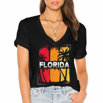 Retro Tropical Summer Vacation South Beach Fl Miami Florida  Women's Jersey Short Sleeve Deep V-Neck Tshirt