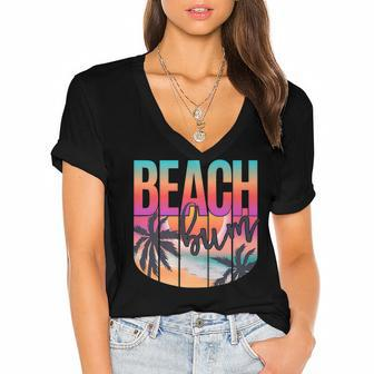 Retro Vintage Beach Bum Beach Lover Summer Vacation   Women's Jersey Short Sleeve Deep V-Neck Tshirt
