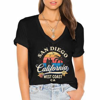 San Diego California Beach Surf Summer Vacation Vintage V3 Women's Jersey Short Sleeve Deep V-Neck Tshirt - Seseable