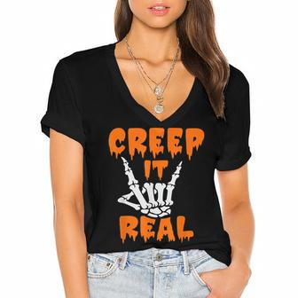 Scary Funny Halloween Creep It Real Women's Jersey Short Sleeve Deep V-Neck Tshirt - Seseable