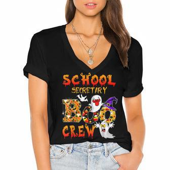 School Secretary Boo Crew Halloween School Men Women Kid Women's Jersey Short Sleeve Deep V-Neck Tshirt - Seseable