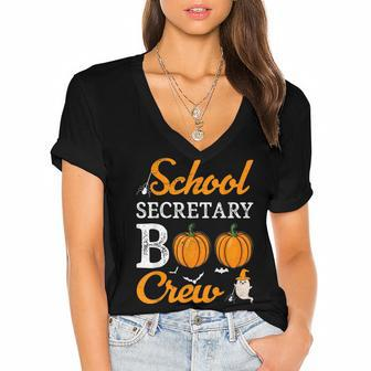 School Secretary Boo Crew Halloween School Office Squad Women's Jersey Short Sleeve Deep V-Neck Tshirt - Seseable