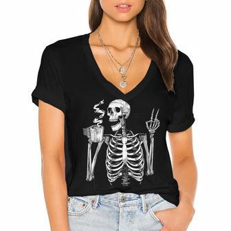 Skeleton Drinking Coffee Peace Halloween Grunge Aesthetic Women's Jersey Short Sleeve Deep V-Neck Tshirt - Thegiftio UK
