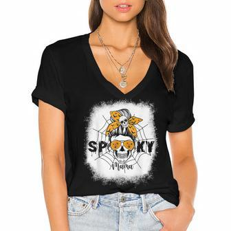 Spooky Mama Halloween Skull Messy Bun Witch Mom V3 Women's Jersey Short Sleeve Deep V-Neck Tshirt - Seseable