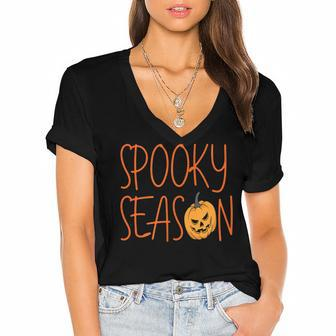 Spooky Season Cute Halloween Fall Season Women's Jersey Short Sleeve Deep V-Neck Tshirt - Seseable