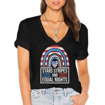 Stars Stripes &Amp Equal Rights Rainbow American Flag Feminist Women's Jersey Short Sleeve Deep V-Neck Tshirt | Mazezy