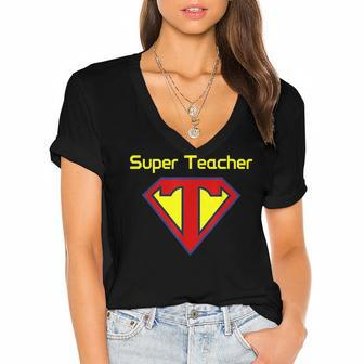 Superteacher Superhero Funny Teacher Gift Women's Jersey Short Sleeve Deep V-Neck Tshirt - Thegiftio UK