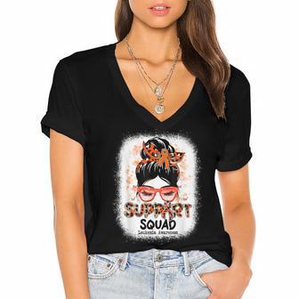 Support Squad Messy Bun Butterfly Orange Ribbon Leukemia Women's Jersey Short Sleeve Deep V-Neck Tshirt - Thegiftio