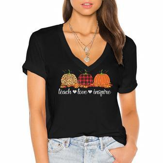 Teach Love Inspire Teacher Autumn Fall Pumpkin Leopard Plaid V2 Women's Jersey Short Sleeve Deep V-Neck Tshirt - Seseable