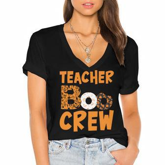 Teacher Boo Crew Happy Halloween Women's Jersey Short Sleeve Deep V-Neck Tshirt - Seseable