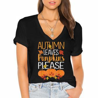 Thanksgiving Fall Mom Gifts Autumn Leaves And Pumpkin Please Women's Jersey Short Sleeve Deep V-Neck Tshirt - Thegiftio UK
