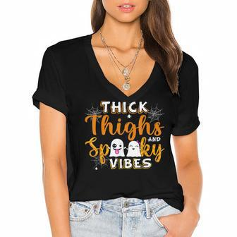 Thick Thighs And Spooky Vibes Ghost Boo Girls Boys Halloween Women's Jersey Short Sleeve Deep V-Neck Tshirt - Seseable