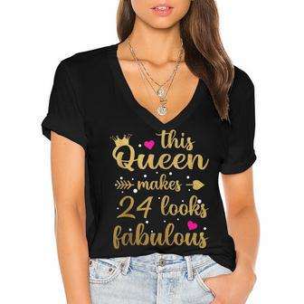 This Queen Makes 24 Look Fabulous 24Th Birthday Gift Women's Jersey Short Sleeve Deep V-Neck Tshirt - Seseable
