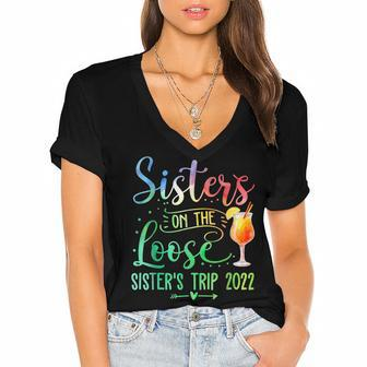 Tie Dye Sisters On The Loose Sisters Weekend Trip 2022 Women's Jersey Short Sleeve Deep V-Neck Tshirt - Thegiftio UK