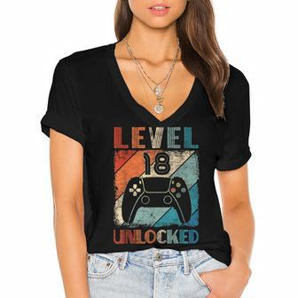 Vintage Level 18 Unlocked Video Gamer 18Th Birthday Women's Jersey Short Sleeve Deep V-Neck Tshirt - Seseable