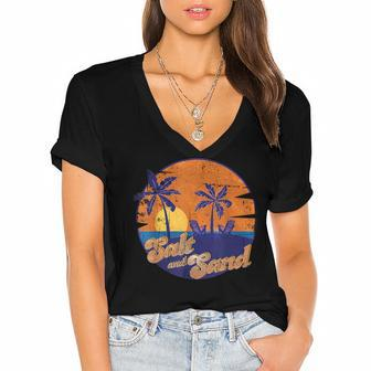 Vintage Palm Trees Summer Vacation Beach Tropical Summer  Women's Jersey Short Sleeve Deep V-Neck Tshirt