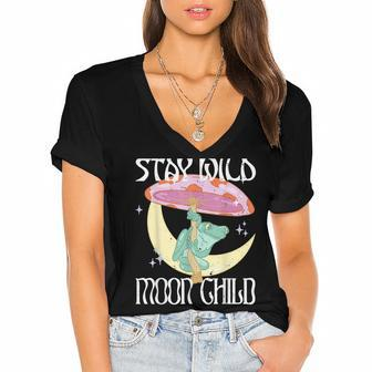 Vintage Retro Stay Wild Moon Child Frog Peace Love Hippie Women's Jersey Short Sleeve Deep V-Neck Tshirt - Seseable