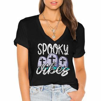 Vintage Spooky Vibes Halloween Art - Cemetery Tombstones Women's Jersey Short Sleeve Deep V-Neck Tshirt - Seseable