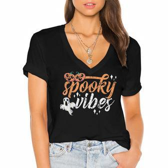 Vintage Spooky Vibes Halloween Novelty Graphic Art Design Women's Jersey Short Sleeve Deep V-Neck Tshirt - Seseable
