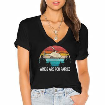 Wings Are For Fairies Funny Helicopter Pilot Retro Vintage Women's Jersey Short Sleeve Deep V-Neck Tshirt | Mazezy