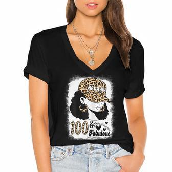 Womens 100 Years Old Fabulous Messy Bun Afro Leopard 100Th Birthday Women's Jersey Short Sleeve Deep V-Neck Tshirt - Thegiftio UK