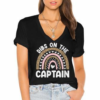Womens Funny Captain Wife Dibs On The Captain Saying Cute Rainbow Women's Jersey Short Sleeve Deep V-Neck Tshirt - Thegiftio UK