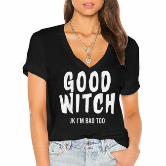 Womens Good Witch Just Kidding Halloween Funny Costume Women's Jersey Short Sleeve Deep V-Neck Tshirt - Seseable