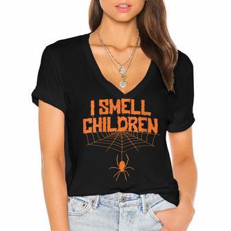 Womens I Smell Children Funny Dad Mom Teacher Halloween Costume Women's Jersey Short Sleeve Deep V-Neck Tshirt - Seseable