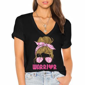 Womens Messy Bun Glasses Wear Pink Warrior Breast Cancer Awareness Women's Jersey Short Sleeve Deep V-Neck Tshirt - Thegiftio