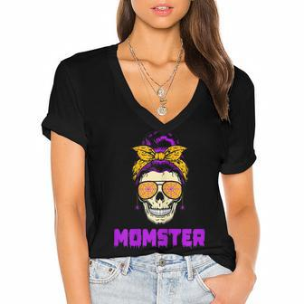 Womens Messy Bun Halloween Costume Monster Mom Momster Women's Jersey Short Sleeve Deep V-Neck Tshirt - Seseable
