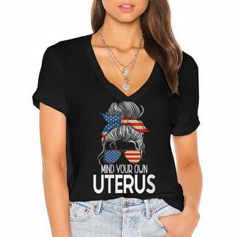 Womens Mind Your Own Uterus Messy Bun Pro Choice Feminism Women's Jersey Short Sleeve Deep V-Neck Tshirt - Seseable